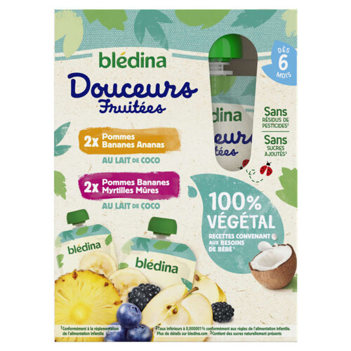 Blédina Gourdes Fruits Douceurs Fruitées Bananes Ananas/Bananes Myrtilles mûres dès 6 Mois 4 x 90g