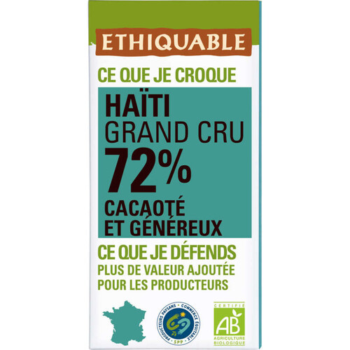 Ethiquable Chocolat Noir 72% Haïti Bio 100g