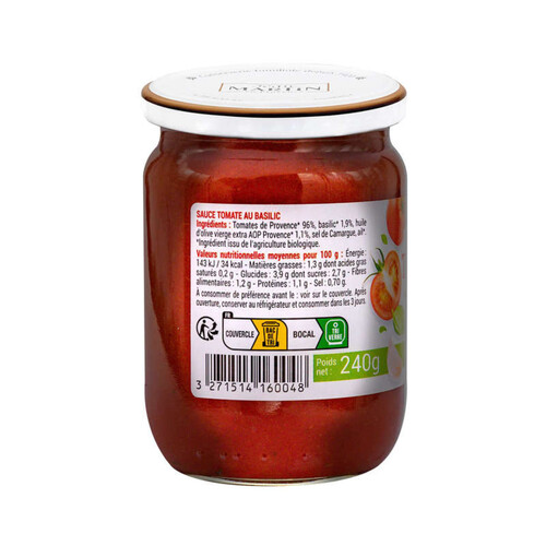 Jean Martin Sauce Tomate au Basilic et au Miel Bio 240g