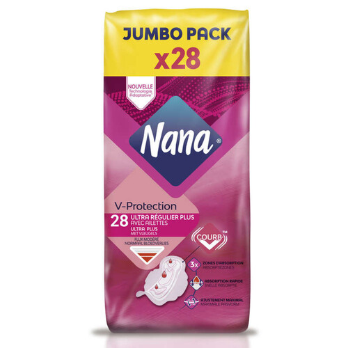 Nana Serviettes Hygiéniques V-Protection avec Ailettes Ultra Plus Jumbo Pack x28