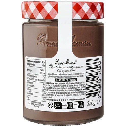 Bonne Maman Pâtes à tartiner noisettes et cacao au riz croustillant 330g