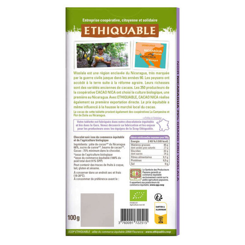 Ethiquable Chocolat Noir 75% Nicaragua Bio 100G