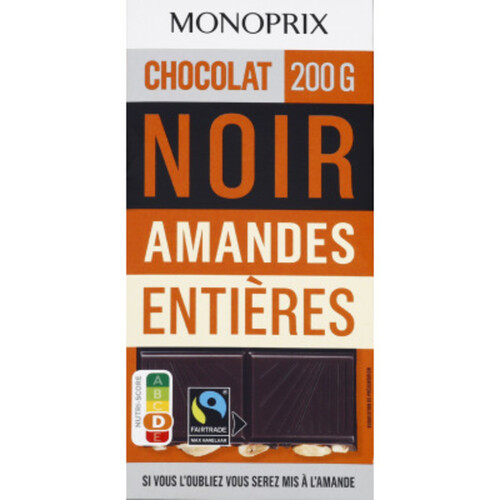 Monoprix chocolat noir aux amandes entières 200g