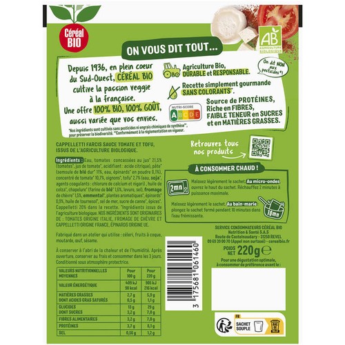 Céréal Bio Cappelletti  Chèvre Tofu Épinards repas express 220g