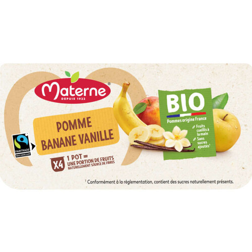 Materne Bio Compote Pomme Banane Vanille sans Sucres ajoutés Bio 4x100g