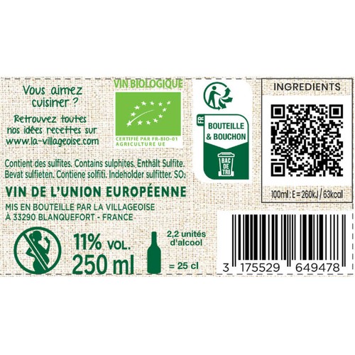 La Villageoise Vin Blanc De Cuisine Bio 3x25cl