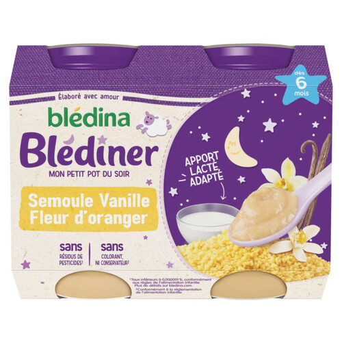 Bledina Blediner Semoule Vanille Fleur d'Oranger dès 6 Mois Pot 2 x 200