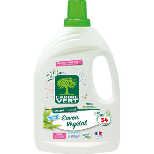L'Arbre Vert lessive savon végétal x34 lavages 1.53L