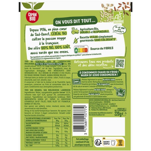 Céréal Bio Blé Riz rouge Quinoa  repas express 220g