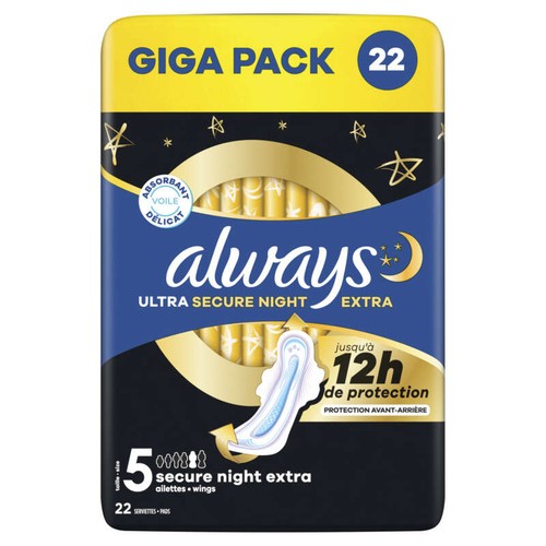 Always Ultra Serviettes Menstruelles Secure Night Extra Avec Ailettes Taille 5 x22