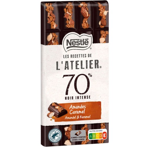 Nestlé L'Atelier 70% Noir intense Tablette caramel et amandes 150g