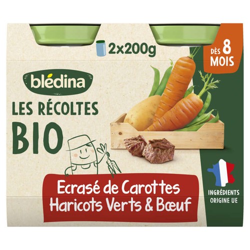 Les Récoltes Bio Repas Bébé Carottes Haricots Verts Boeuf 2x200g