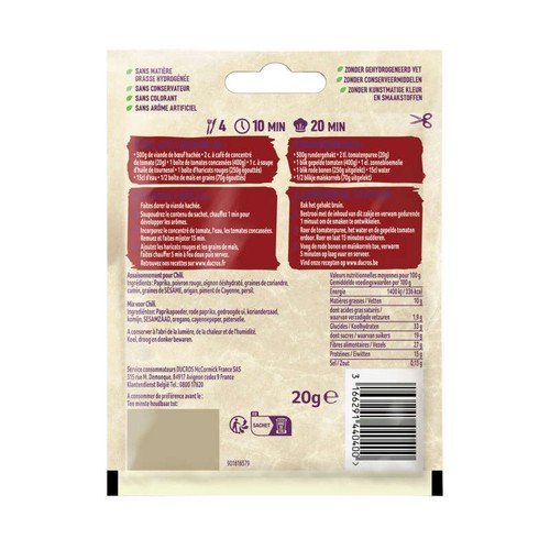 Ducros Mélange À Soupoudrer Pour Chili Mexicain, Piment, Coriandre, Cumin 20G