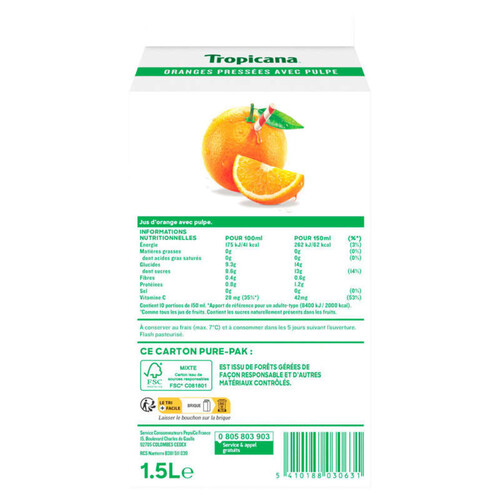 Tropicana Pur Jus Frais d'Orange avec Pulpe la Brique de 1,5L