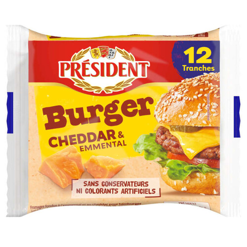 Président Tranches Burger Cheddar et Emmental x12 200g