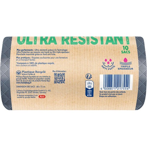 Handy Bag Sacs poubelle poignées coulissantes Ultra Résistant 100% plastique recyclé 10x50L + 30% Offert