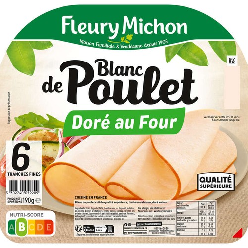 Fleury Michon Tranche Fines Blanc De Poulet Doré Au Four 190g