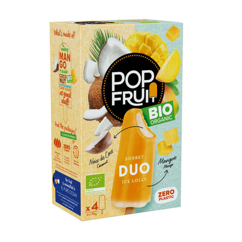 Pop Fruit bâtonnets sorbet duo mangue/ noix de coco biologique 4x70g