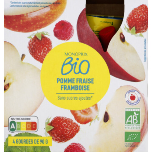 Monoprix Bio pomme fraise framboise gourdes 4x90g