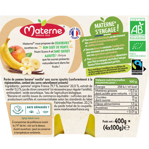 Materne Bio Compote Pomme Banane Vanille sans Sucres ajoutés Bio 4x100g