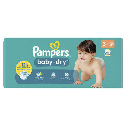 Pampers Baby-Dry Taille 3, 52 Couches, 6kg - 10kg