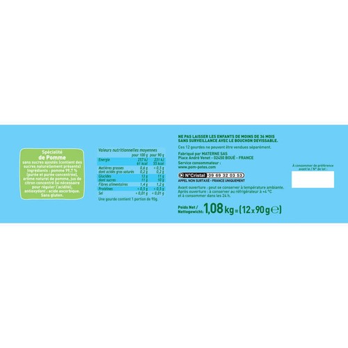 Pom'Potes Pomme Nature sans Sucre Ajouté 12x90g