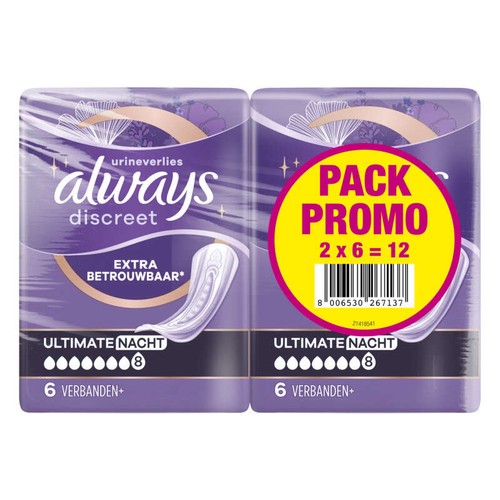 Always Discreet Serviettes Pour Fuites Urinaires Femmes Ultimate Nuit 12 Serviettes
