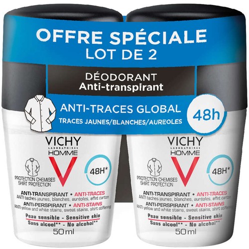 Vichy Homme Déodorant Anti-Transpirant 48H Anti-Traces Roll-On 2x50ml