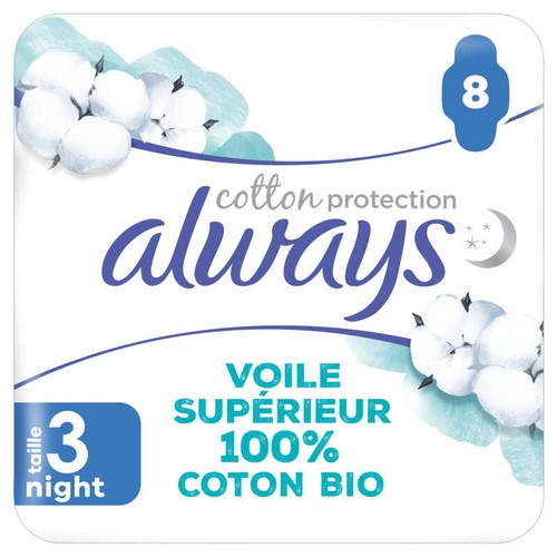 Always Cotton Protection Serviettes Hygiéniques Nuit 100% Coton Bio Taille 3 x8