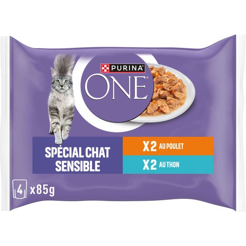 Purina One Effilés Chat sensible au thon et poulet 4x85g