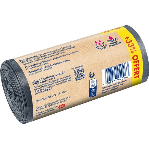 Handy Bag Sacs poubelle poignées coulissantes Ultra Résistant 100% plastique recyclé 30L + 33% Offert