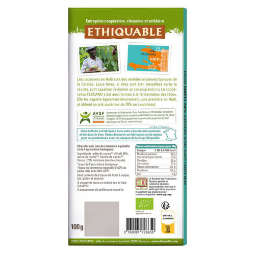 Ethiquable Chocolat Noir 72% Haiti Bio 100G