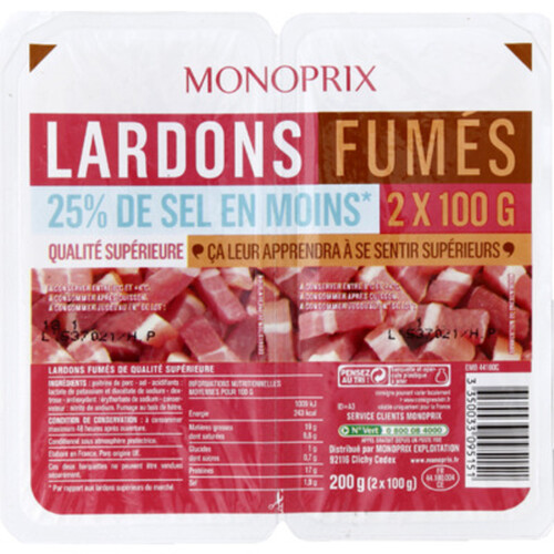 Monoprix Lardons Fumés - 25% de sel 200g