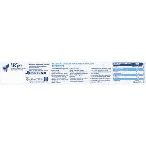 Bjorg Biscuits avoine chocolat, Bio 130g