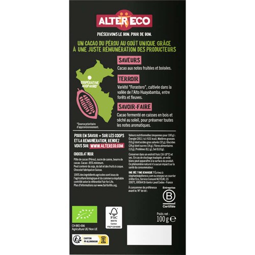 Alter Eco Tablette Chocolat Noir Pérou 85% Bio 100g