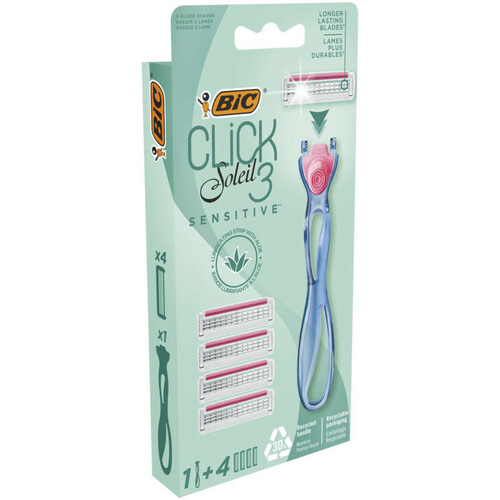 Bic click 3 soleil sensitive rasoirs rechargeables pour femme boîte de 1 manche + 4 recharges