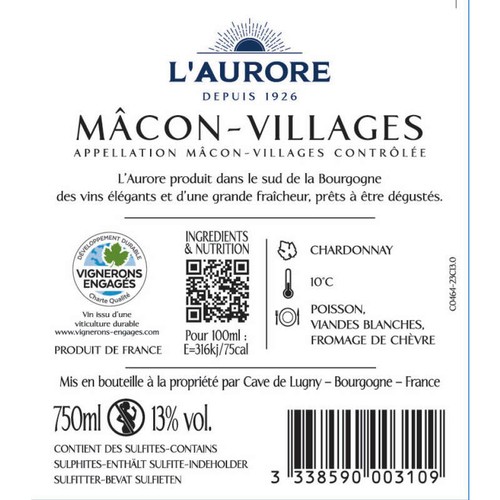 L'Aurore Mâcon Villages Vin Blanc AOP 75cl