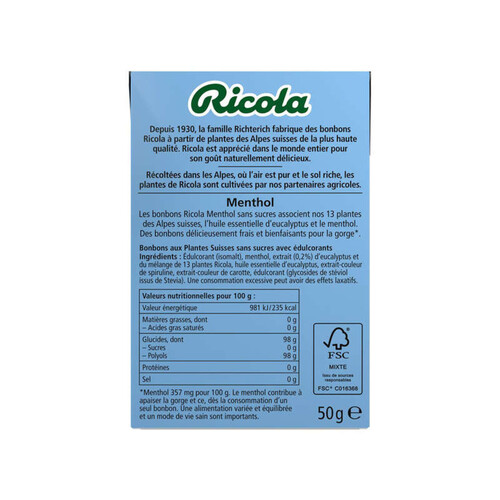 Ricola Bonbon Mentol sans Sucres Boite de 50