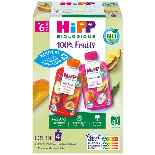 Hipp Biologique Gourdes 2 variétés dès 6 mois 100% fruits 4x90g
