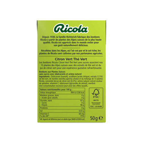 Ricola Sans Sucres Bte 50G Citron Vert Thé Vert