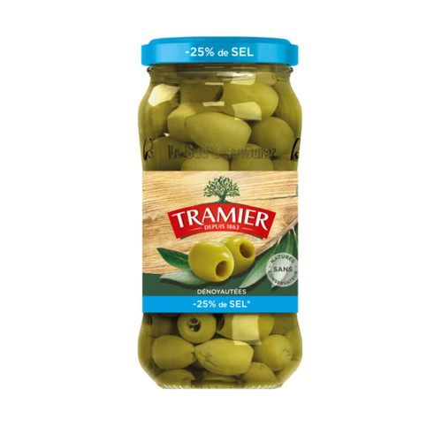 Tramier Olives vertes natures dénoyautées moins 25% de sel 160g