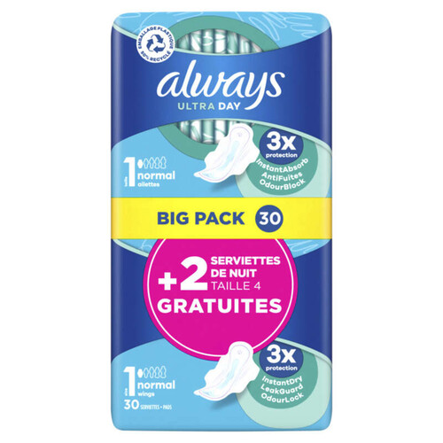 Always ultra serviettes normal taille 1 ailettes x30 serviettes