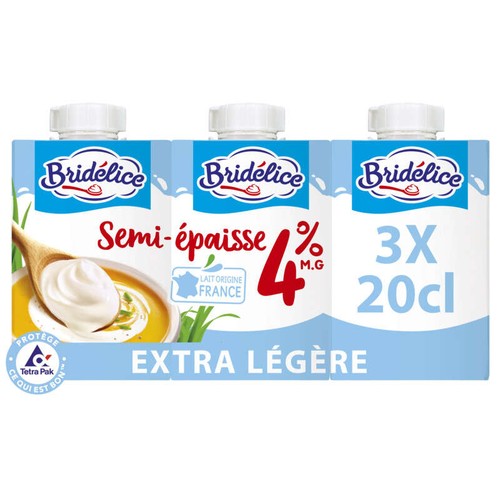 Crème UHT semi-épaisse extra légère Bridélice 4% MG briques 3x20cl