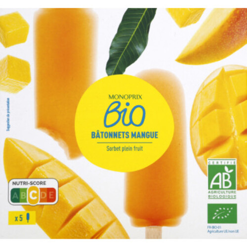 Monoprix Bio 5 Bâtonnets Mangue Sorbet Plein Fruit 300g