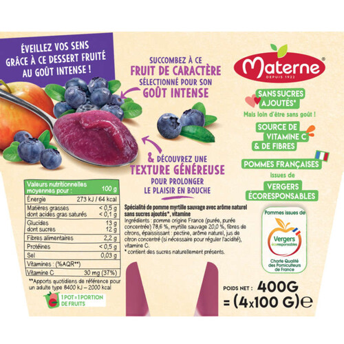 Materne Compotes Fruit Intense Pomme Myrtille Sauvage 4*100g