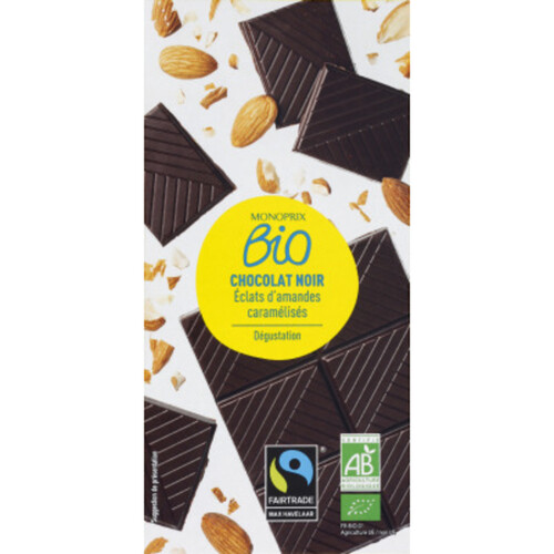 Monoprix Bio Chocolat noir dégustation, éclats d'amandes caramélisées 100g