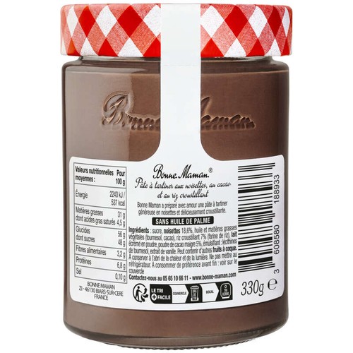 Bonne Maman Pâtes à tartiner noisettes et cacao au riz croustillant 330g
