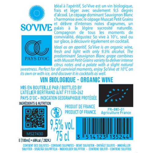 So’Vive  Vin Blanc Bas en Alcool Bio 2024 75cl