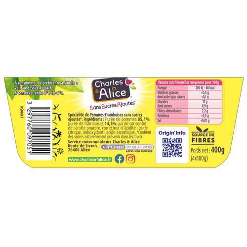 Charles & Alice Dessert Pomme framboise sans sucres ajoutés 4x100g