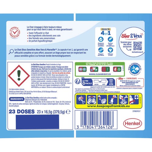 Le Chat Sensitive Discs Lessive Aloe Vera & Savon de Marseille *23 Lavages